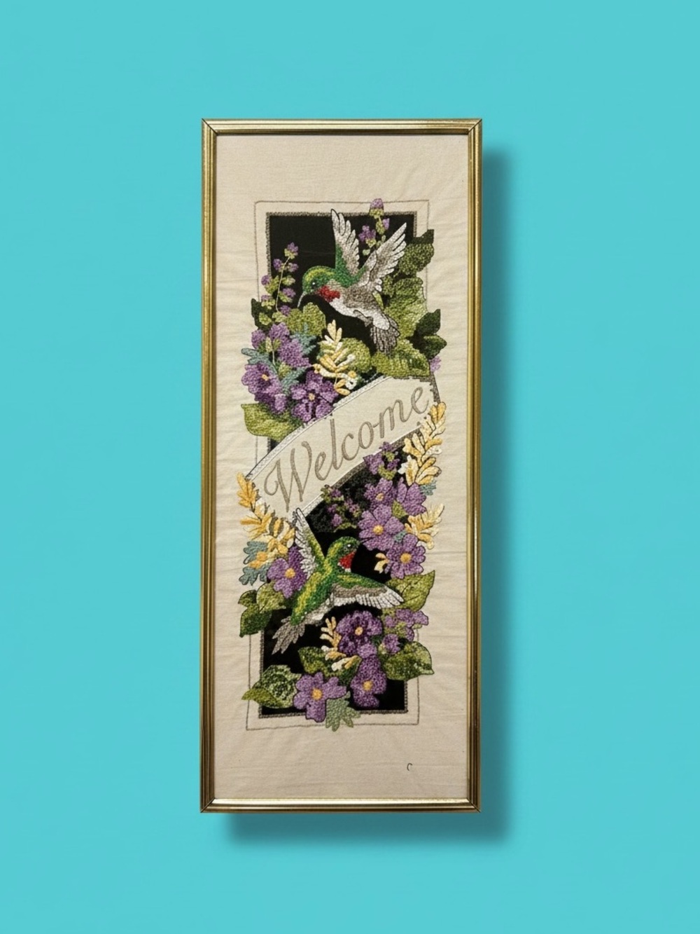 Vintage Hummingbird Welcome Cross Stitch Framed Art 8x20